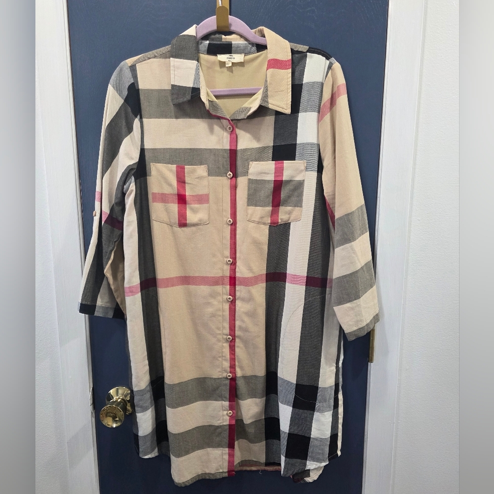 Multicolor Plaid Shirt Dress With Pockets And Lining